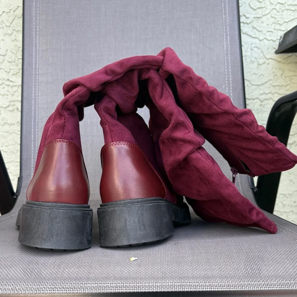 Faux Leather Round Toe Ruched Tall Boots - 8.5 burgundy color